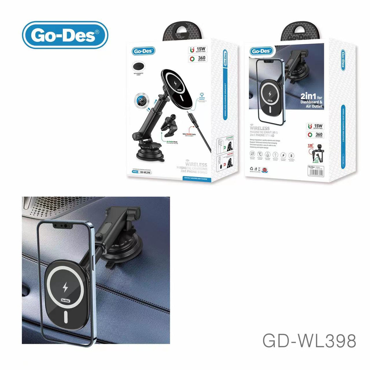 Godes 3 in 1 Car wireless phone charger
