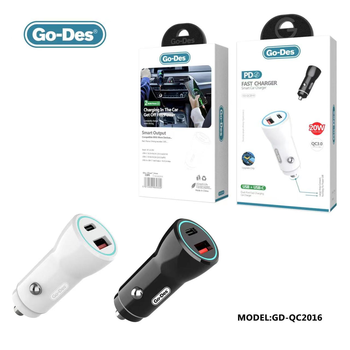 Go-Des PD38W Smart portable USB C Car Charger