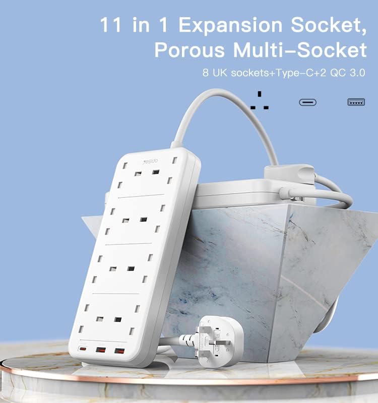Yesido 8-1 MC-27 4 Plugs + PD 20W+2 QC3.0 Ports 3250W Multi-functional High Power Socket(UK Plug)