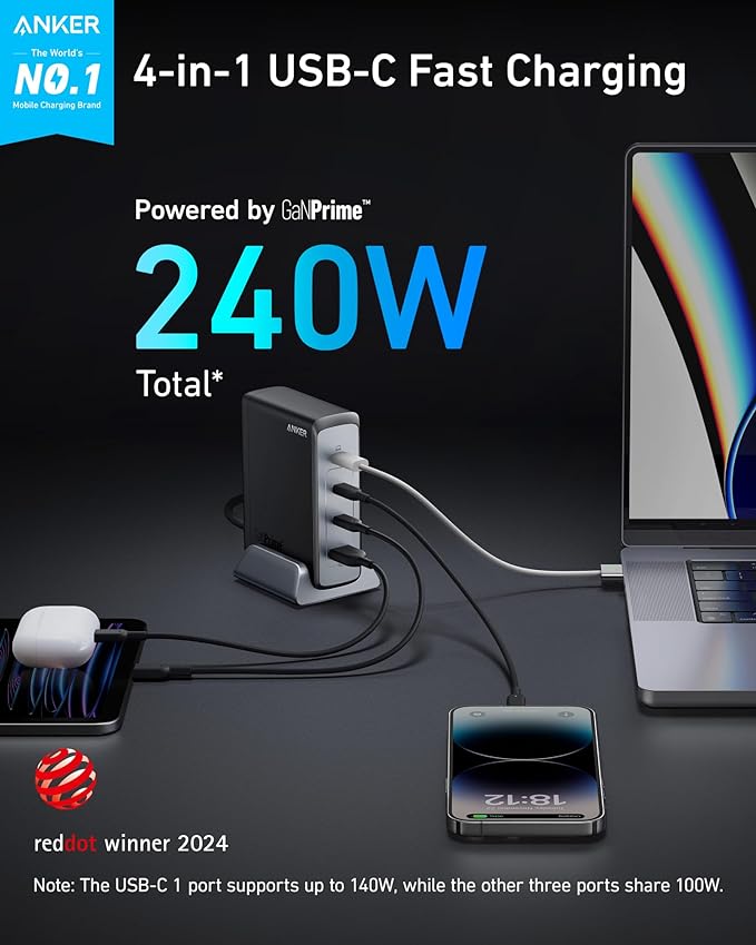 Anker 240W USB C Charger, Fast Compact 4-Port GaN Charger for MacBook Pro/Air, iPhone, iPad Pro, Dell XPS, Galaxy, Pixel, Apple Watch