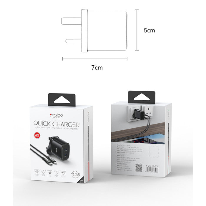 YESIDO 20W PD 2 PORT HOME CHARGER WITH C TO LIGHTNING CABLE YC53-UK