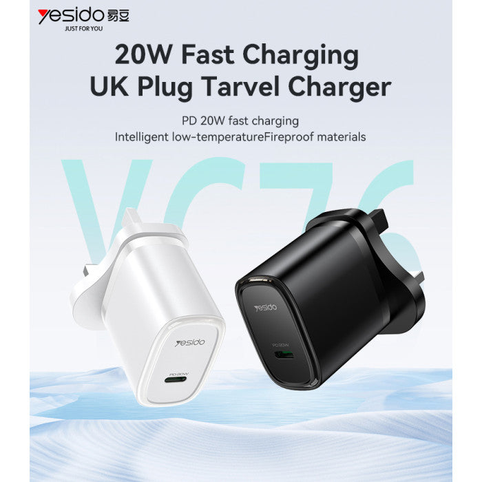 YESIDO PD 20W USB-C SINGLE PORT CHARGER UK PLUG YC76 WHITE