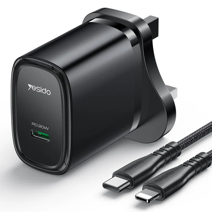 YESIDO 20W USB-C HOME CHARGER WITH C TO LIGTNING CABLE BLACK YC76BL