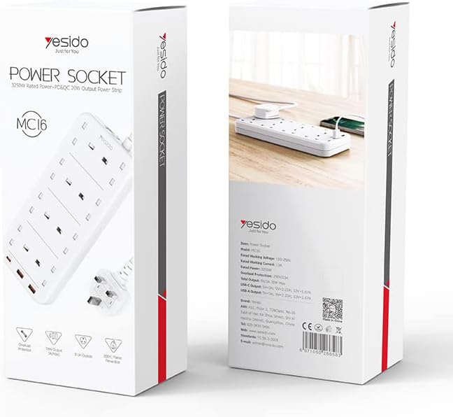Yesido 8-1 MC-27 4 Plugs + PD 20W+2 QC3.0 Ports 3250W Multi-functional High Power Socket(UK Plug)