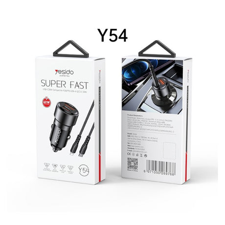 YESIDO 60W CAR CHARGER WITH C TO LIGHTNING CABLE Y54