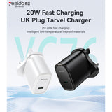 YESIDO PD 20W USB-C SINGLE PORT CHARGER UK PLUG YC76 WHITE