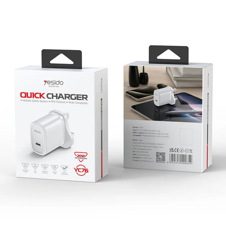 YESIDO 20W USB-C HOME CHARGER WITH C TO LIGTNING CABLE BLACK YC76BL